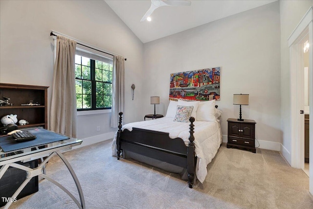 bedroom with light carpet, baseboards, high vaulted ceiling, and recessed lighting