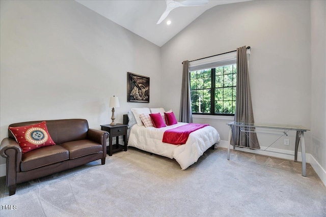 carpeted bedroom with recessed lighting, baseboards, and high vaulted ceiling