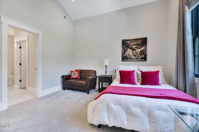 bedroom featuring carpet flooring, high vaulted ceiling, and baseboards