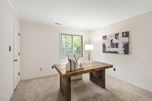 4213 Oak Park Rd, Raleigh, NC 27612 - office area with carpet floors, ornamental molding, and a textured ceiling