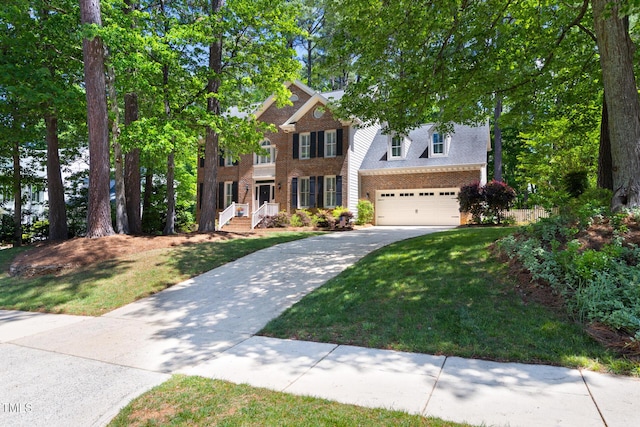view of front facade featuring concrete driveway, brick siding, a garage, and a front lawn