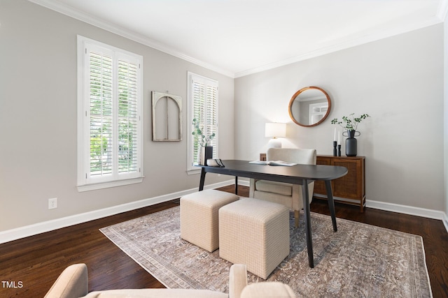 office area with healthy amount of natural light, crown molding, baseboards, and wood finished floors