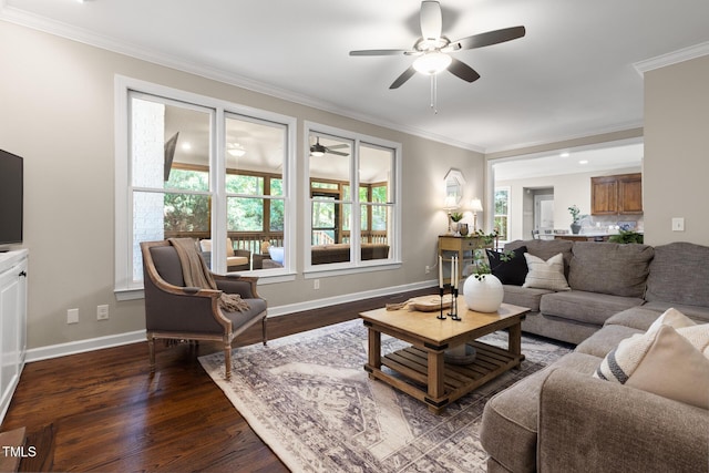 living area featuring a ceiling fan, dark wood-type flooring, ornamental molding, and baseboards