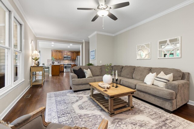 living room with ornamental molding, dark wood finished floors, a ceiling fan, baseboards, and plenty of natural light