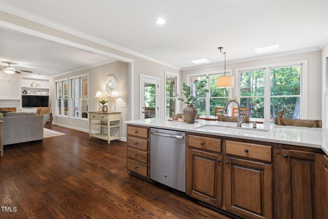 kitchen with stainless steel dishwasher, a sink, ornamental molding, plenty of natural light, and dark wood-style floors