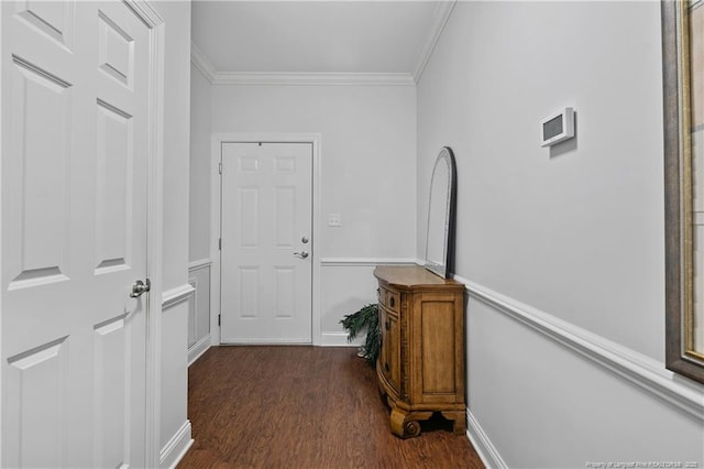 interior space featuring ornamental molding and dark wood-style floors