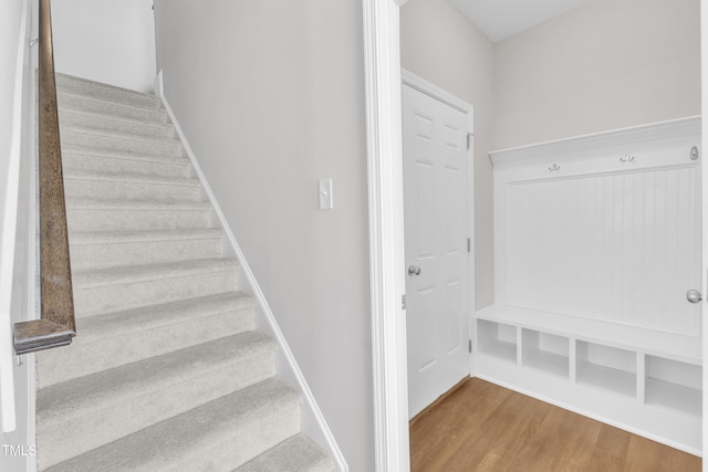 stairway featuring wood finished floors