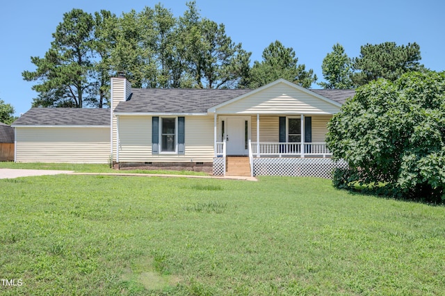 111 Marshay Meadow Rd, Youngsville, NC 27596 - view of front of property featuring crawl space, covered porch, a front lawn, a chimney, and roof with shingles
