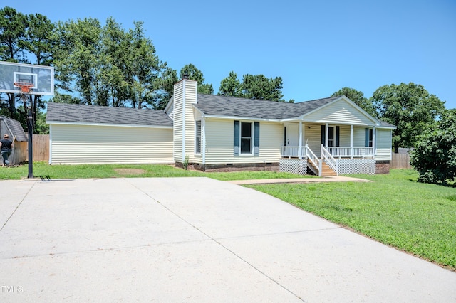 111 Marshay Meadow Rd, Youngsville, NC 27596 - ranch-style house with a porch, crawl space, a chimney, and a shingled roof