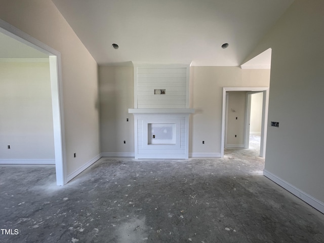 506 S Vance St, Fremont, NC 27830 - unfurnished living room featuring a fireplace, lofted ceiling, and baseboards