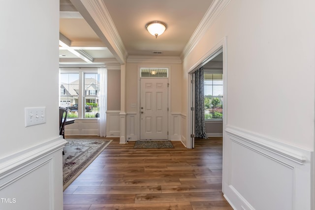 3536 Greenville Loop Rd, Wake Forest, NC 27587 - foyer entrance with ornamental molding, a decorative wall, plenty of natural light, wood finished floors, and a wainscoted wall
