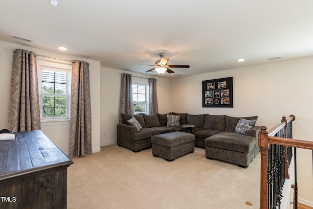 3536 Greenville Loop Rd, Wake Forest, NC 27587 - living room featuring light colored carpet, a ceiling fan, baseboards, and recessed lighting