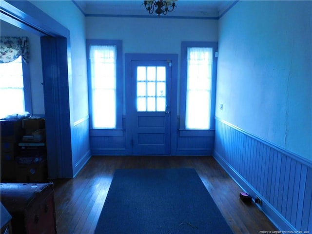 1042 Oquinn Rd, Maxton, NC 28364 - foyer entrance featuring hardwood / wood-style floors, a wainscoted wall, and healthy amount of natural light