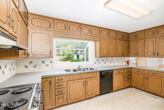 103 E Meadowbrook Dr, Smithfield, NC 27577 - kitchen featuring black dishwasher, a sink, electric range, light floors, and backsplash