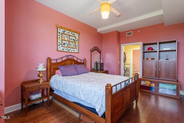 bedroom with wood finished floors, baseboards, and ceiling fan