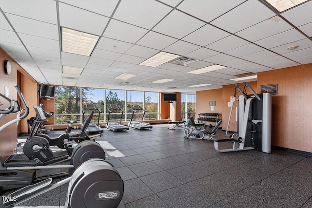 exercise room with floor to ceiling windows and a drop ceiling