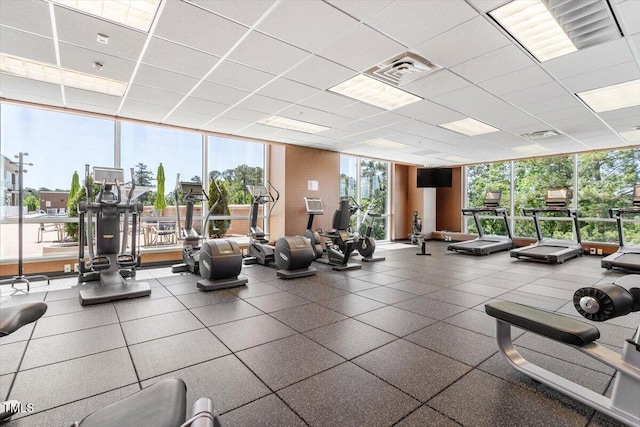exercise room featuring floor to ceiling windows, healthy amount of natural light, and a paneled ceiling