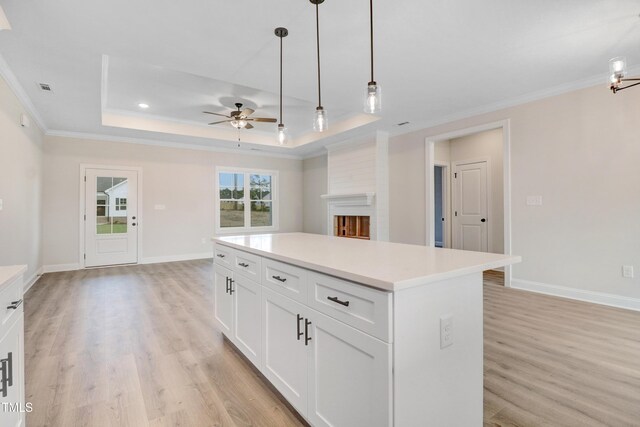 157 Gumtop Dr, Zebulon, NC 27597 - kitchen featuring a raised ceiling, a ceiling fan, ornamental molding, light wood-style flooring, and open floor plan