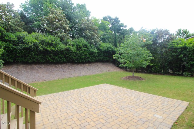 view of green lawn with a patio