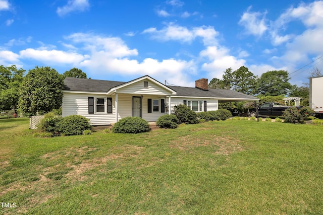 single story home with a chimney, a front lawn, and a porch