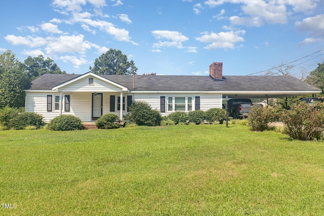 1169 Clayhole Rd, Dunn, NC 28334 - single story home with covered porch, a front yard, an attached carport, and a chimney