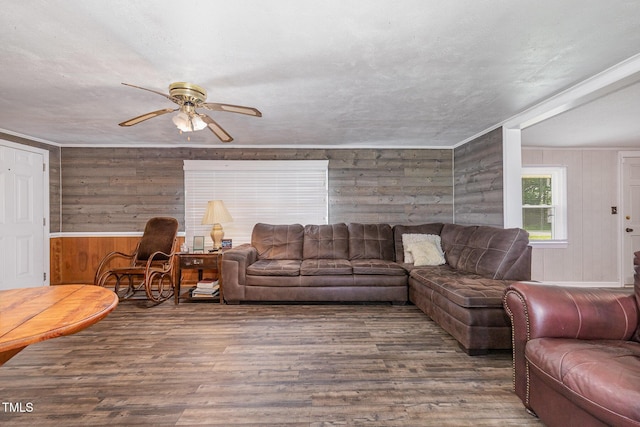 1169 Clayhole Rd, Dunn, NC 28334 - living room featuring wood walls, a ceiling fan, wood finished floors, and a wainscoted wall