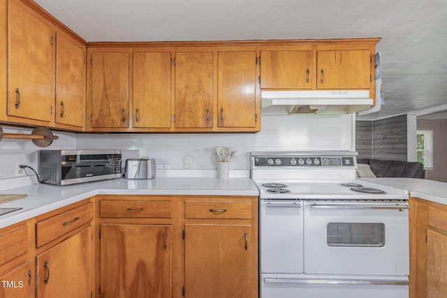 1169 Clayhole Rd, Dunn, NC 28334 - kitchen featuring white electric stove, under cabinet range hood, light countertops, and brown cabinetry