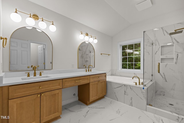 100 Citrus Pl, Cary, NC 27519 - bathroom featuring a marble finish shower, double vanity, marble look tile flooring, lofted ceiling, and a garden tub