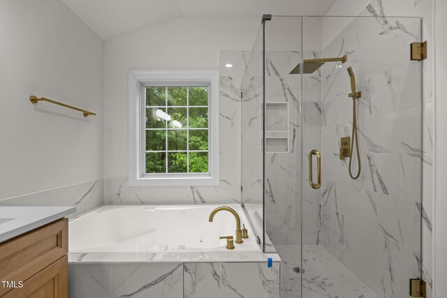 100 Citrus Pl, Cary, NC 27519 - full bathroom featuring plenty of natural light, vanity, a bath, a marble finish shower, and lofted ceiling
