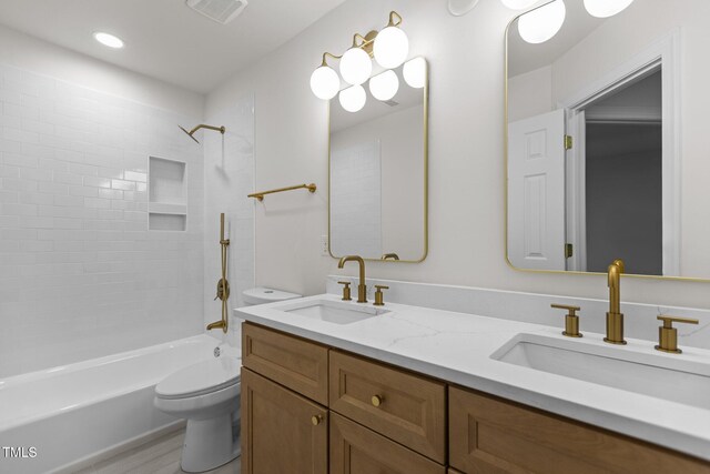 100 Citrus Pl, Cary, NC 27519 - bathroom featuring toilet, shower / bath combination, double vanity, and wood finished floors