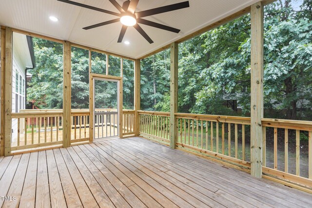 100 Citrus Pl, Cary, NC 27519 - wooden deck with ceiling fan and view of wooded area