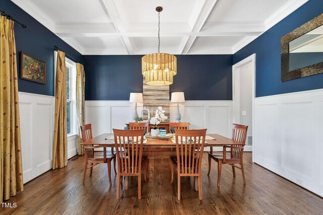 dining area with a chandelier, beamed ceiling, wainscoting, coffered ceiling, and wood finished floors