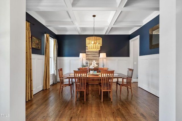 dining space featuring wood finished floors, beamed ceiling, a chandelier, coffered ceiling, and a wainscoted wall