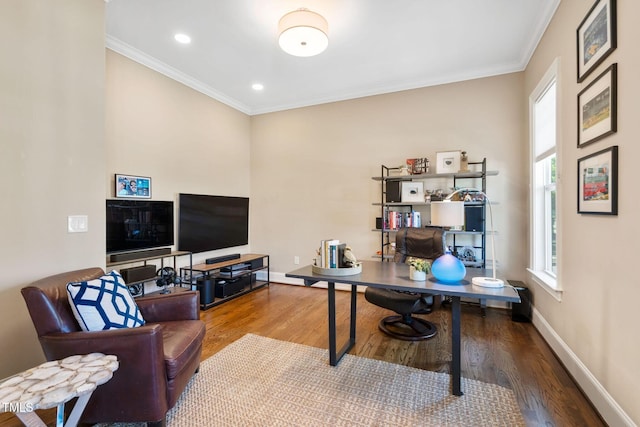 home office featuring wood finished floors, ornamental molding, baseboards, and recessed lighting