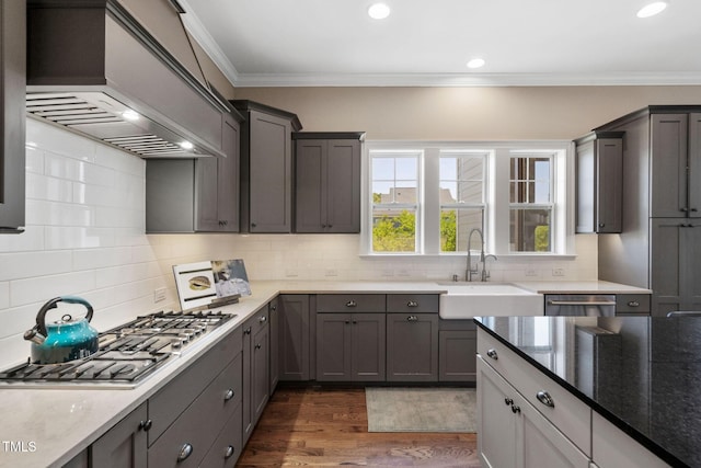 kitchen with custom exhaust hood, a sink, appliances with stainless steel finishes, tasteful backsplash, and dark wood finished floors