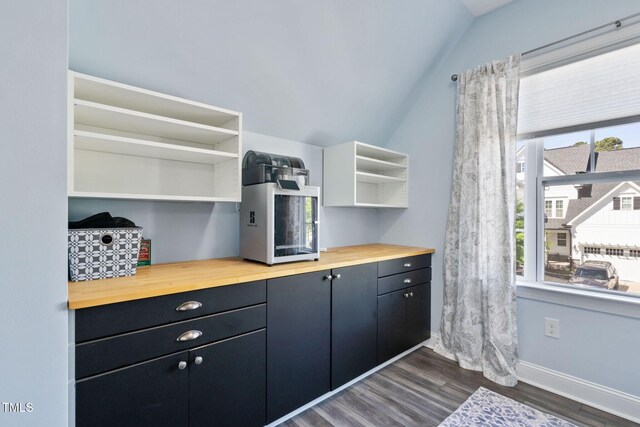spacious closet with lofted ceiling and dark wood-style floors