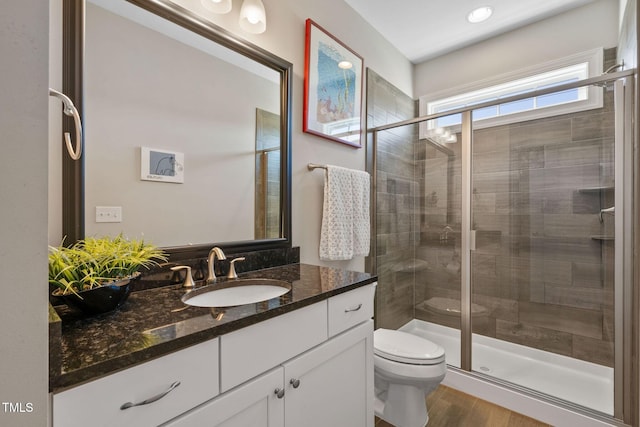 full bathroom with a shower stall, toilet, vanity, and wood finished floors