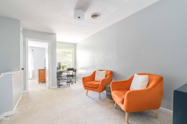 sitting room featuring light carpet, a textured ceiling, and baseboards