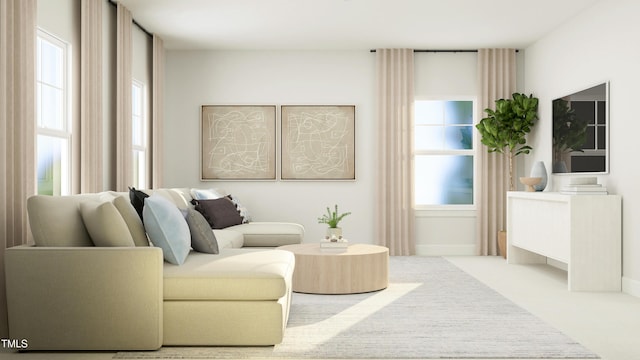 living area featuring carpet