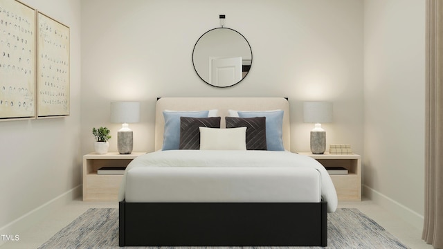 bedroom with carpet floors and baseboards