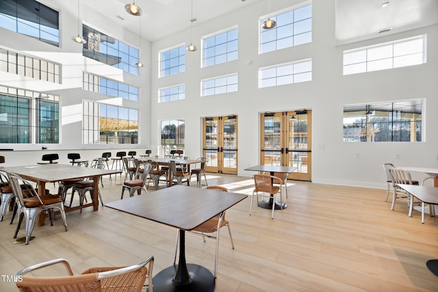 interior space with a high ceiling, light wood-type flooring, and a healthy amount of sunlight
