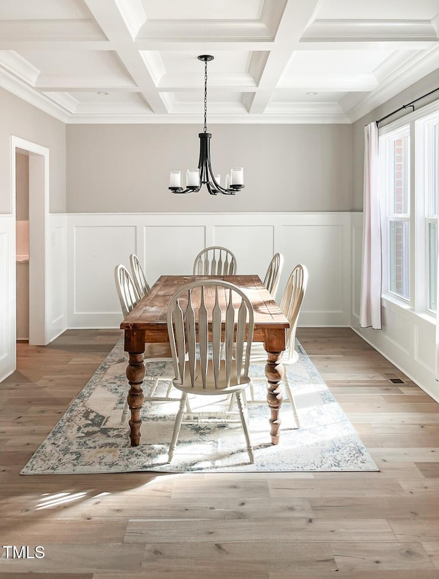1218 Rogers Farm Rd, Wake Forest, NC 27587 - dining area featuring coffered ceiling, beam ceiling, a decorative wall, a chandelier, and wood finished floors