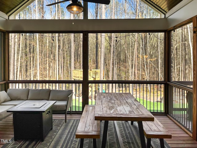 1218 Rogers Farm Rd, Wake Forest, NC 27587 - sunroom featuring vaulted ceiling, ceiling fan, an outdoor hangout area, and outdoor dining space