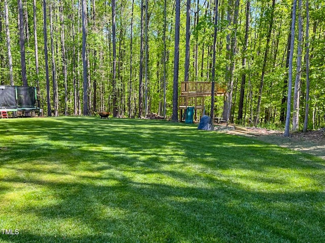 1218 Rogers Farm Rd, Wake Forest, NC 27587 - view of green lawn featuring a trampoline and a view of trees