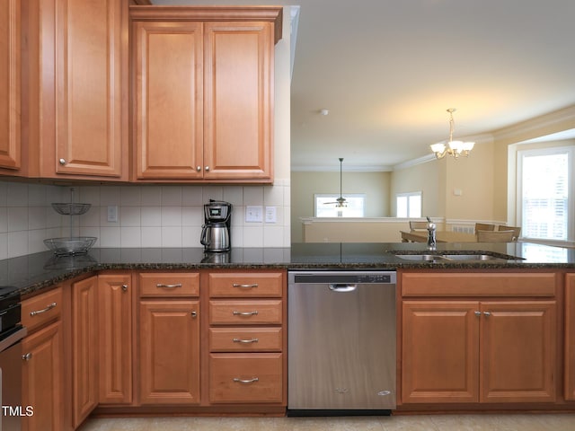 kitchen featuring dishwasher, a sink, crown molding, healthy amount of natural light, and a chandelier
