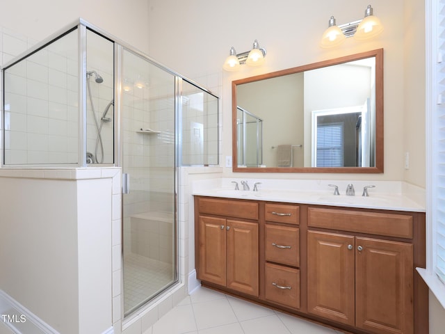 full bath featuring a stall shower, tile patterned floors, and double vanity