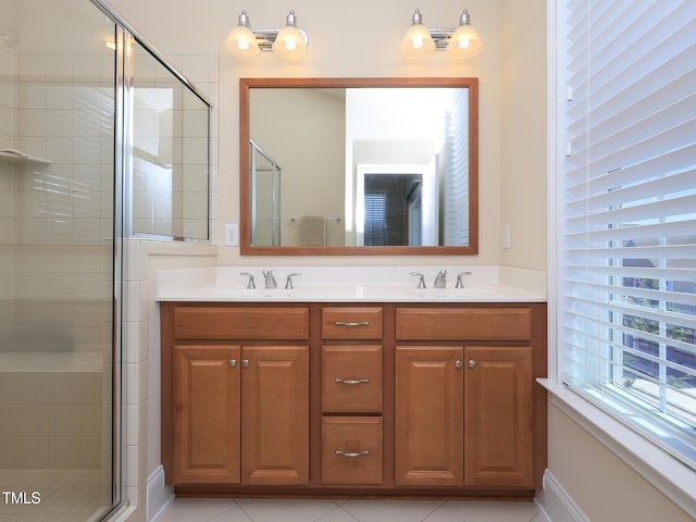 bathroom featuring a shower stall and double vanity