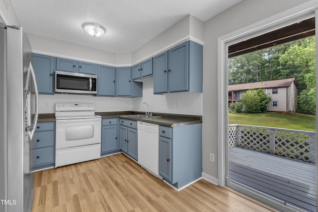 kitchen with appliances with stainless steel finishes, blue cabinets, dark countertops, a sink, and light wood-style floors