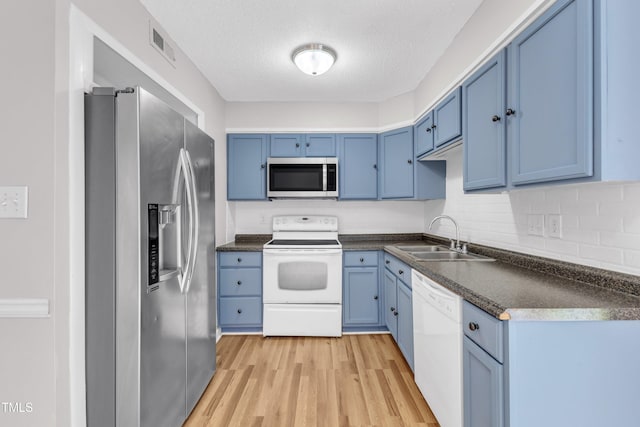 kitchen featuring stainless steel appliances, dark countertops, a sink, blue cabinets, and light wood finished floors