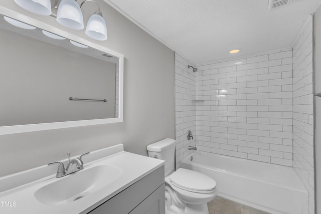 bathroom with toilet, a textured ceiling, vanity, shower / washtub combination, and recessed lighting